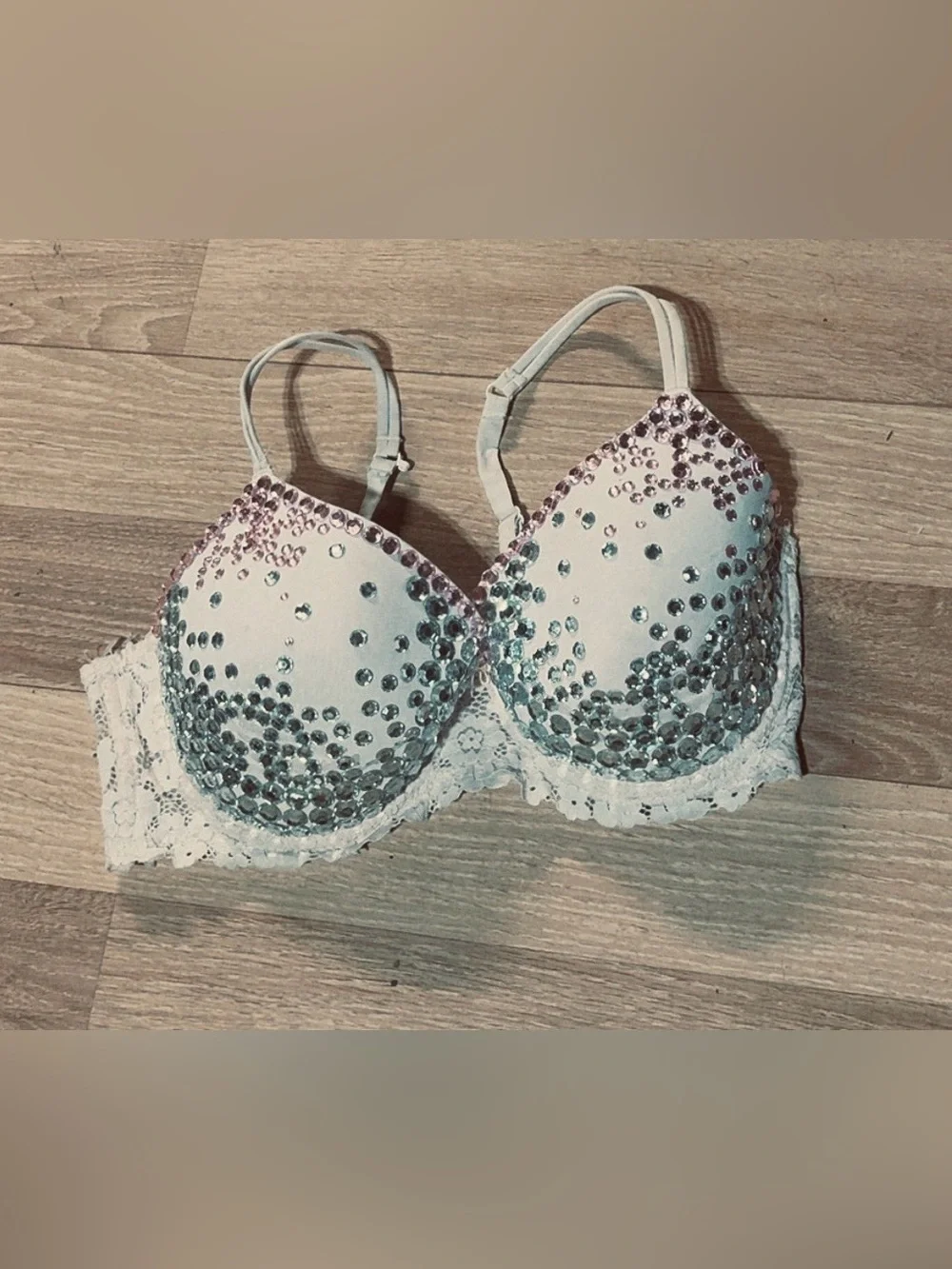 Lace Push-Up Bra with Pink and Silver Rhinestone Accents